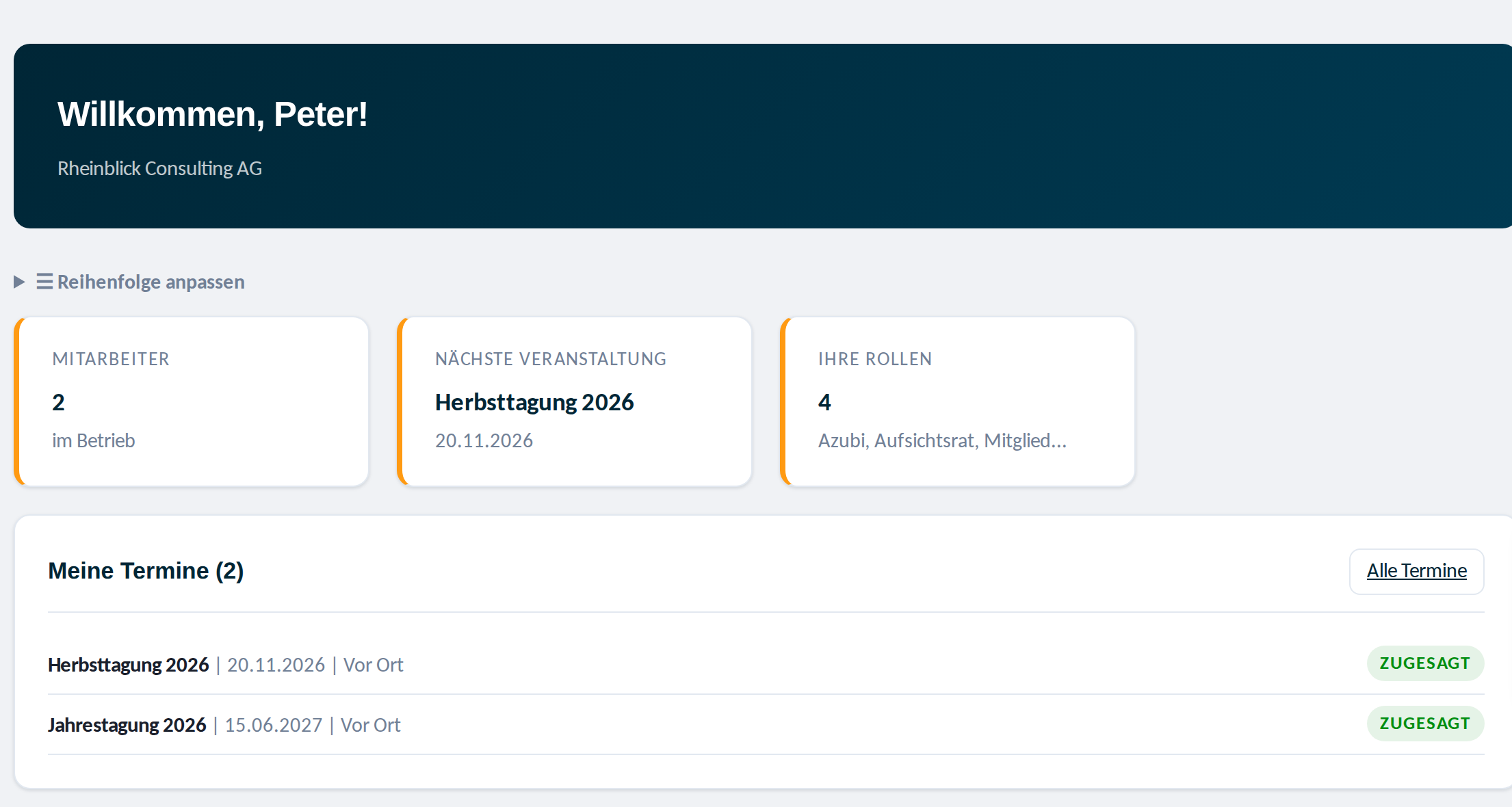 Dashboard des Mitgliederportals mit Begrüßung, Kennzahlen und eigenen Terminen