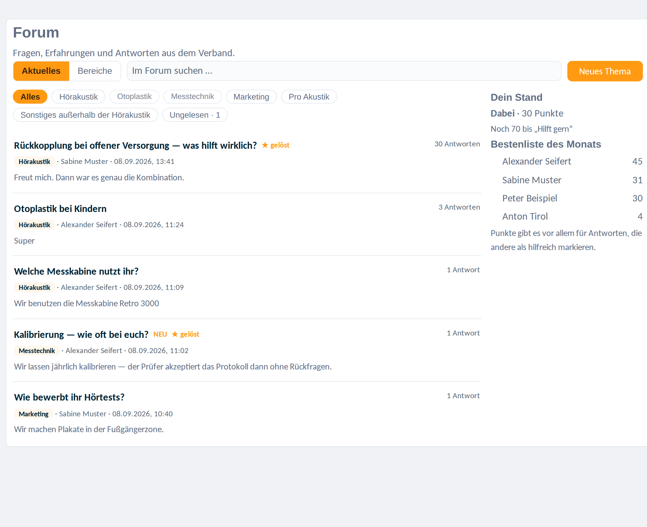 Forum im Mitgliederportal mit Themen, Filtern und Bestenliste