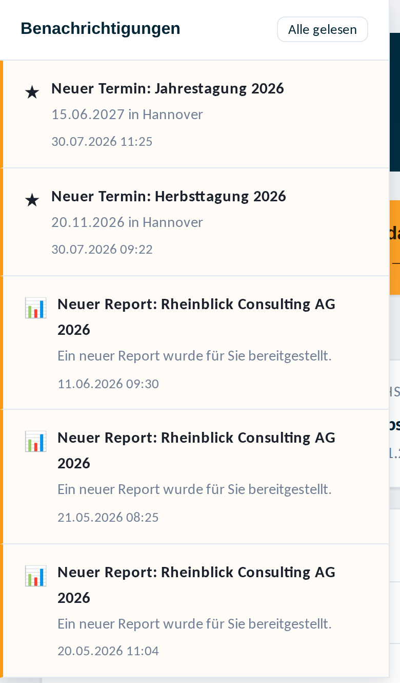 Aufgeklappte Benachrichtigungen im Mitgliederportal